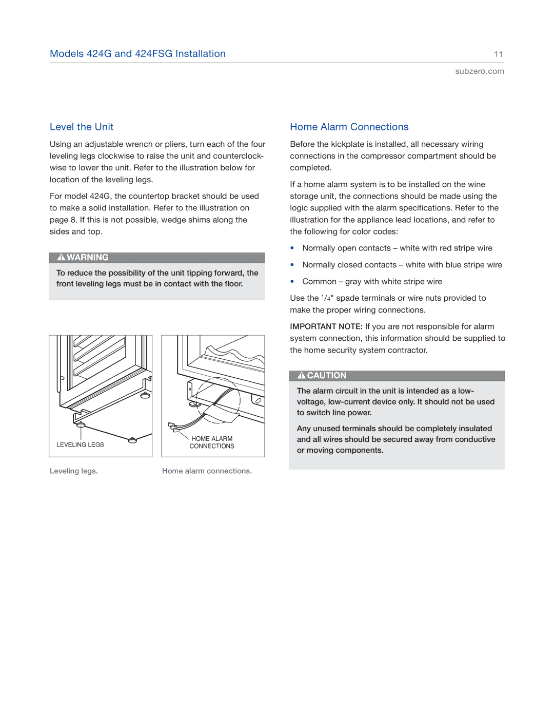 Sub-Zero 427RG, 427G manual Models 424G and 424FSG Installation Level the Unit, Home Alarm Connections 