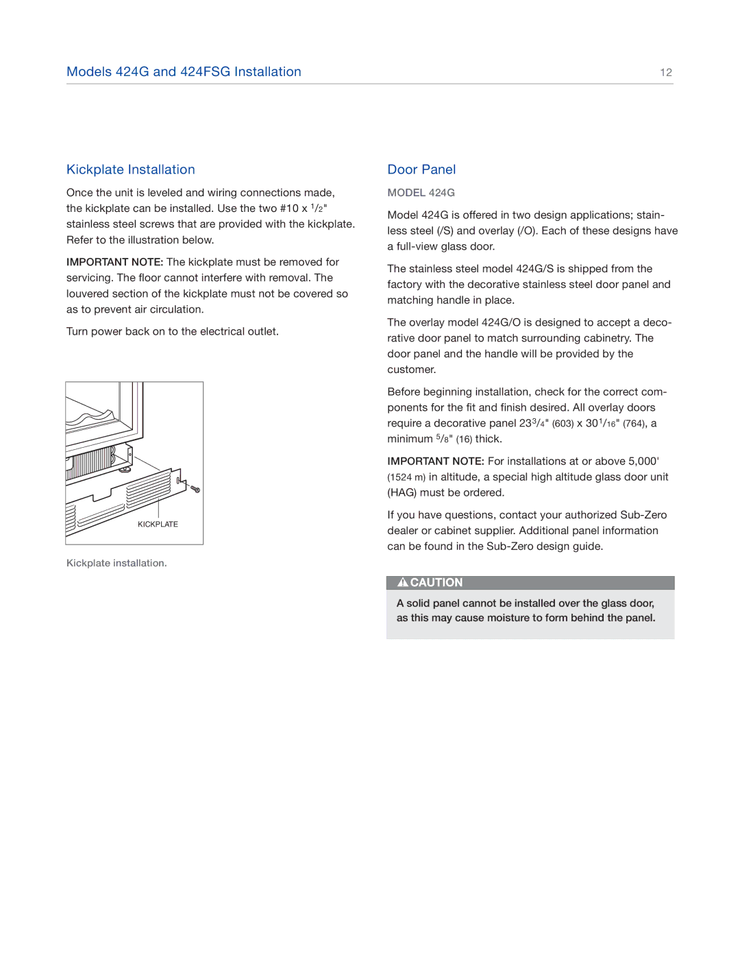 Sub-Zero 427RG, 427G manual Models 424G and 424FSG Installation Kickplate Installation, Door Panel 