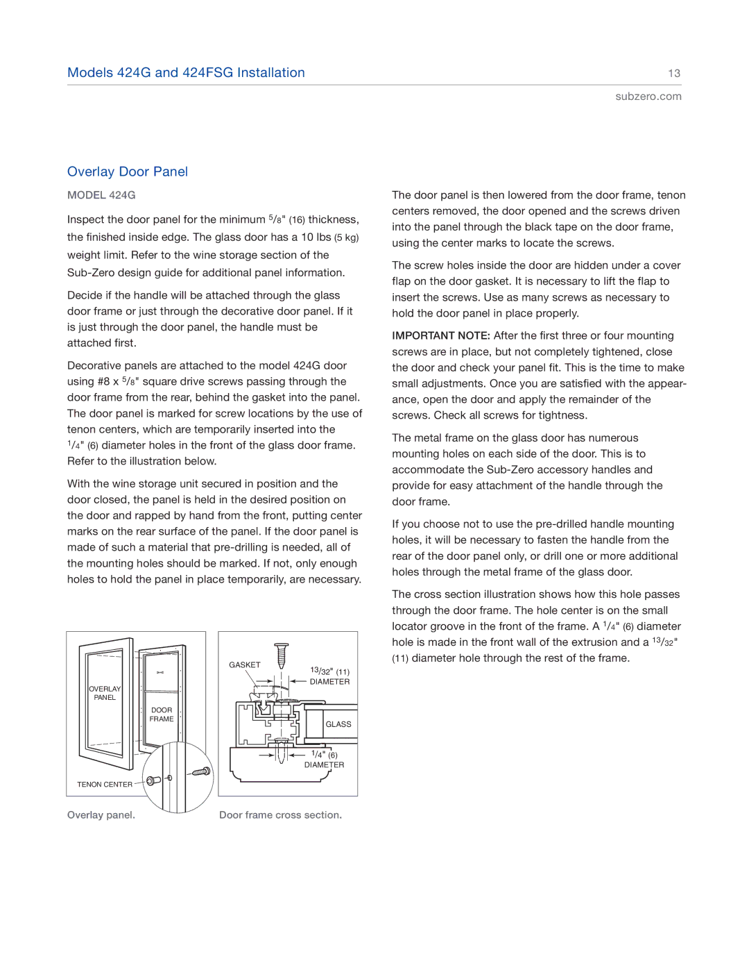 Sub-Zero 427G, 427RG manual Models 424G and 424FSG Installation Overlay Door Panel 