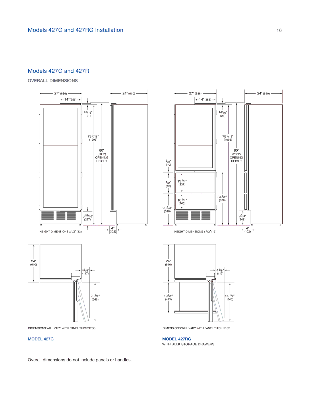 Sub-Zero 424FSG, 424G manual Models 427G and 427RG Installation, Overall Dimensions 