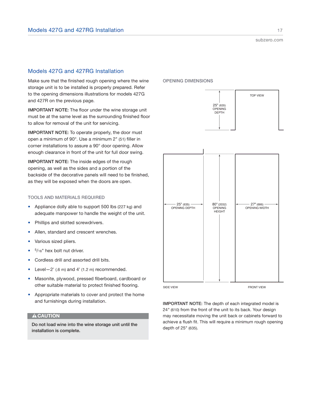 Sub-Zero 427G, 427RG, 424FSG, 424G manual Tools and Materials Required Opening Dimensions 