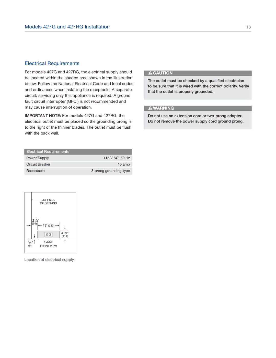 Sub-Zero 424FSG, 424G manual Models 427G and 427RG Installation Electrical Requirements 