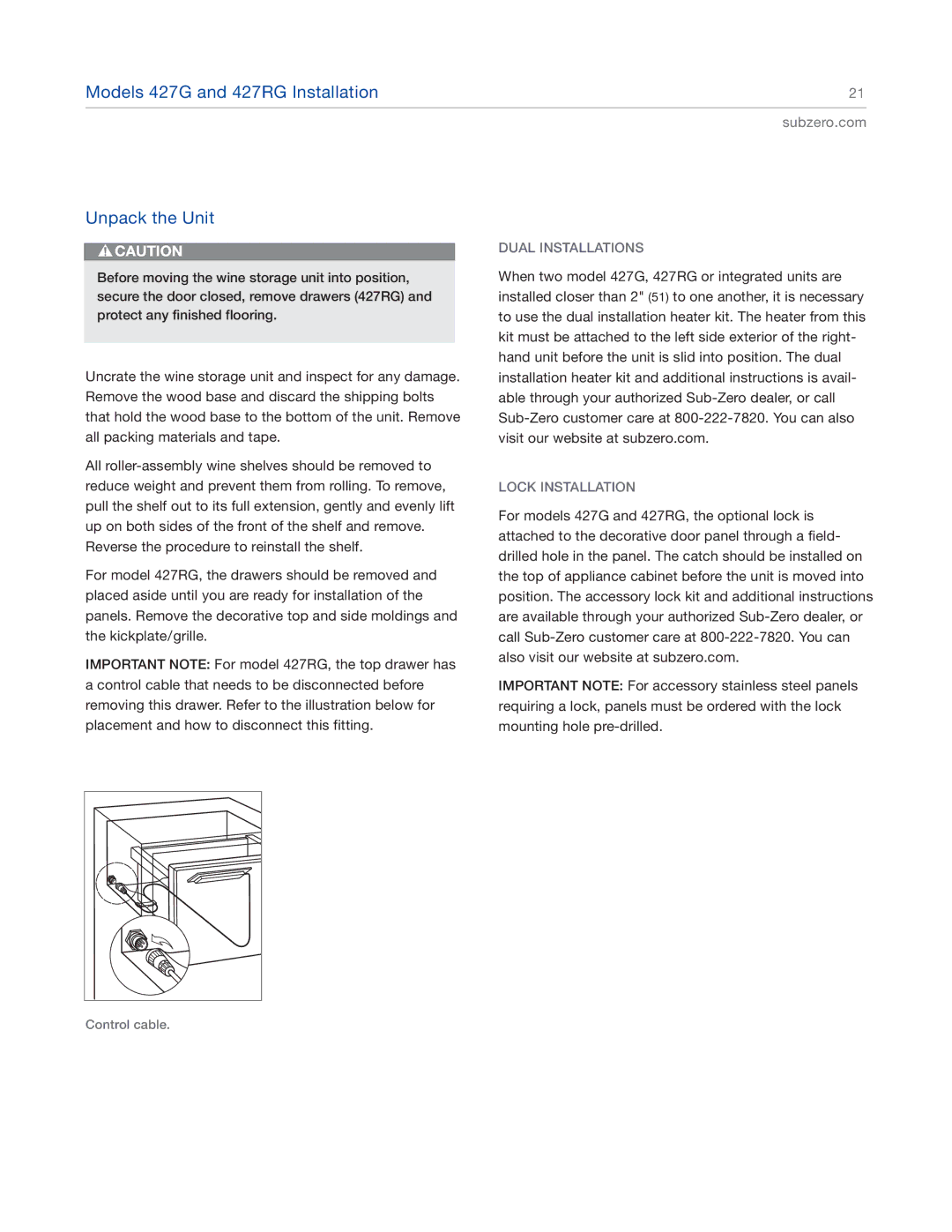 Sub-Zero 427G, 427RG, 424FSG, 424G manual Unpack the Unit, Dual Installations, Lock Installation 