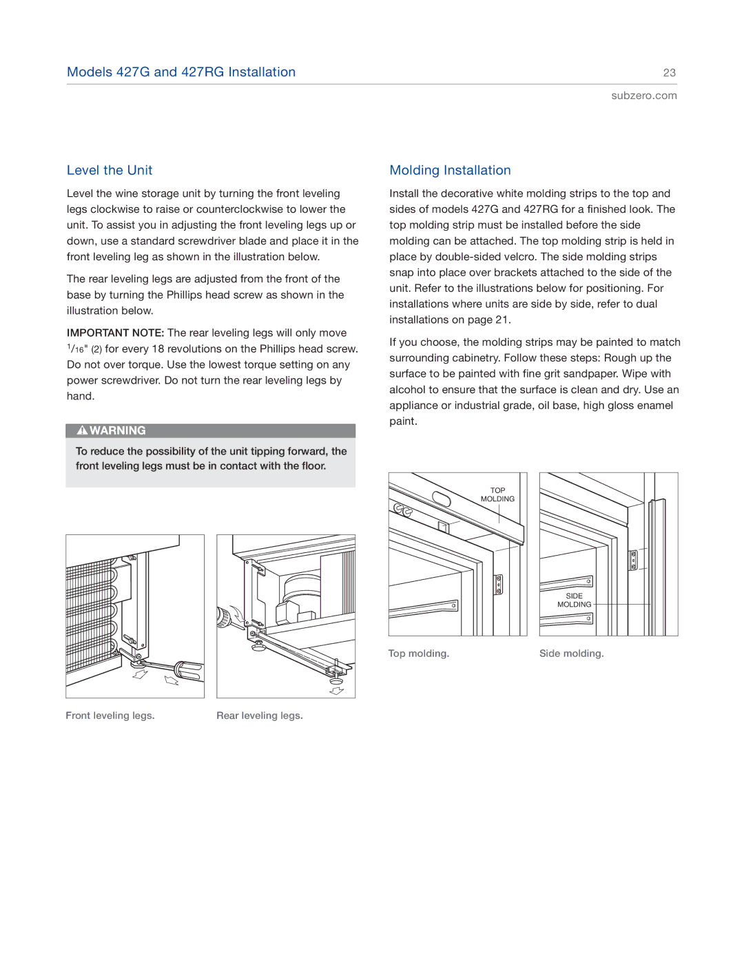 Sub-Zero 424G, 424FSG manual Models 427G and 427RG Installation Level the Unit, Molding Installation 