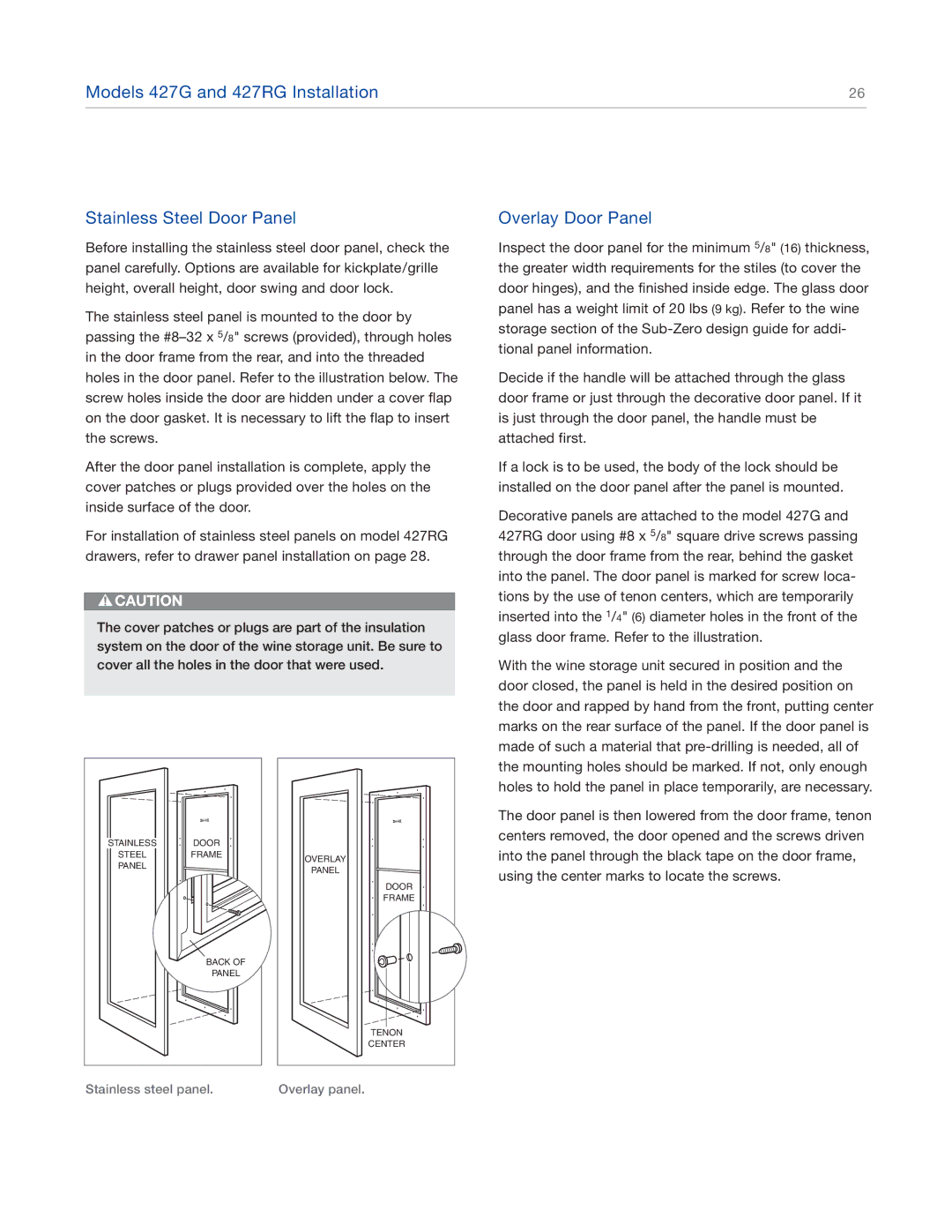 Sub-Zero 424FSG, 427RG, 427G, 424G manual Stainless steel panel Overlay panel 