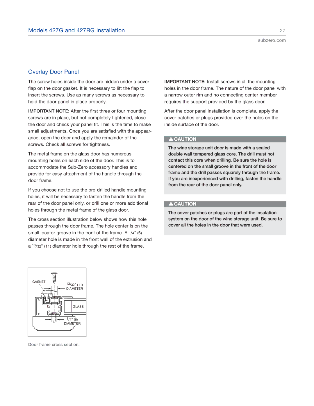 Sub-Zero 424G, 424FSG manual Models 427G and 427RG Installation Overlay Door Panel 