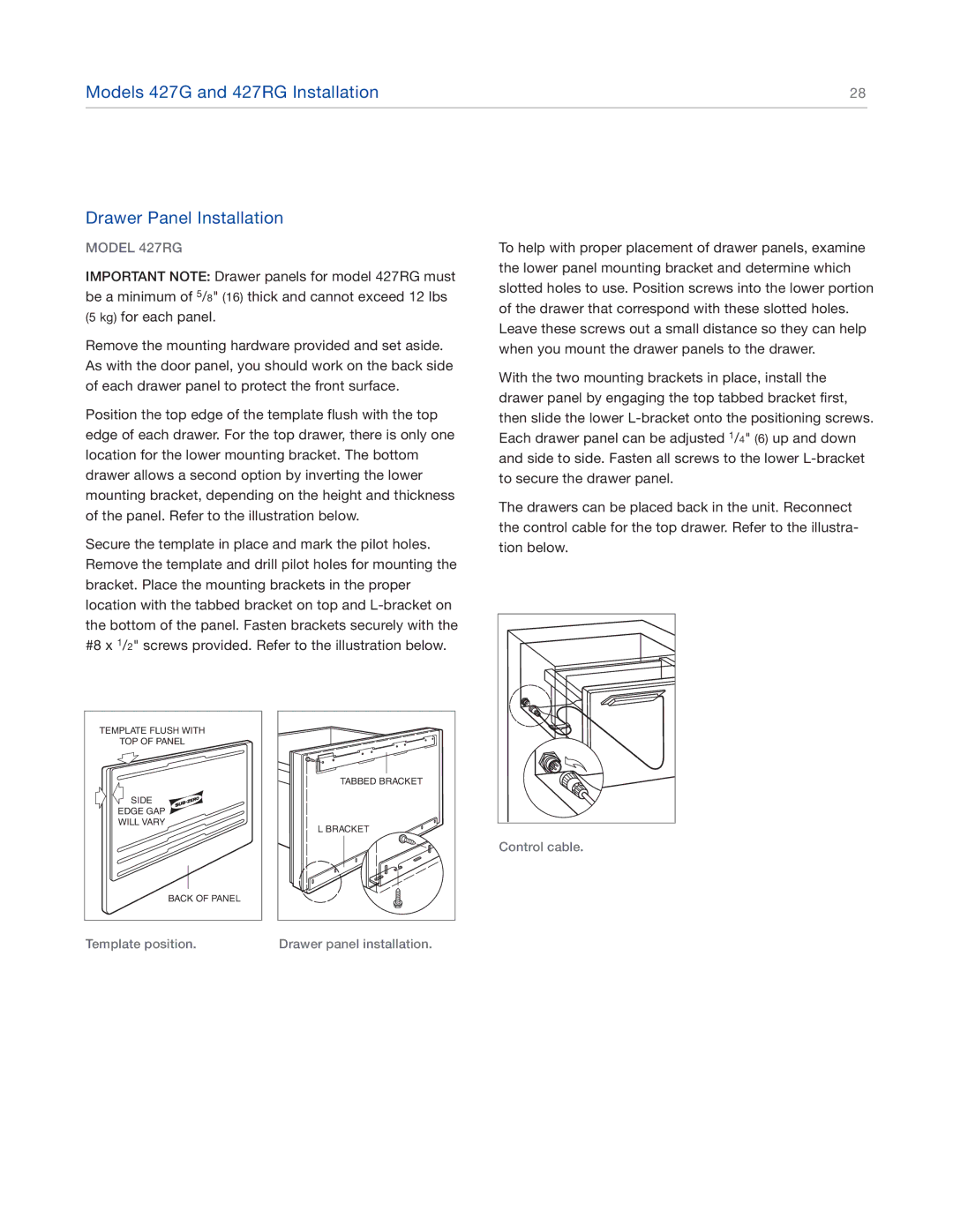 Sub-Zero 424FSG, 424G manual Models 427G and 427RG Installation Drawer Panel Installation, Model 427RG 