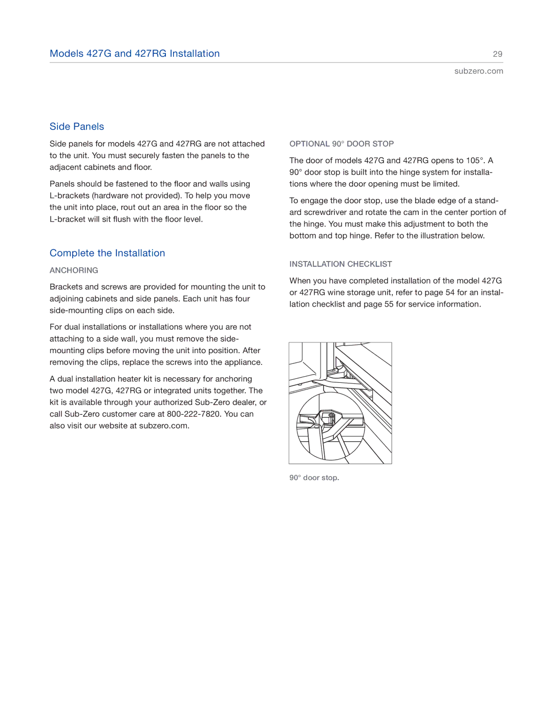 Sub-Zero 424G Models 427G and 427RG Installation Side Panels, Anchoring, Optional 90 Door Stop, Installation Checklist 