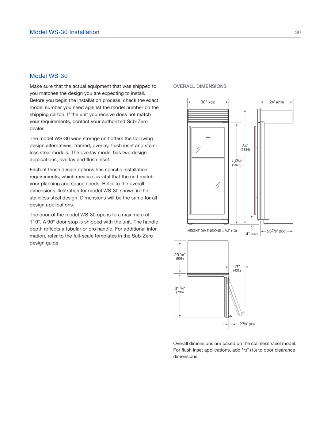 Sub-Zero 424FSG, 427RG, 427G, 424G manual Model WS-30 Installation, Overall Dimensions 