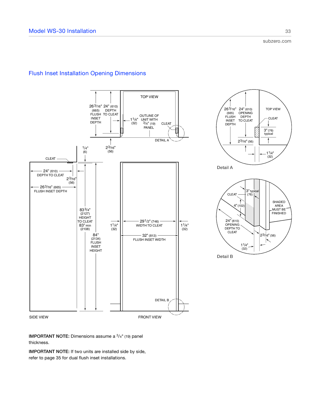 Sub-Zero 427G, 427RG, 424FSG, 424G manual Flush Inset Installation Opening Dimensions, Detail a 