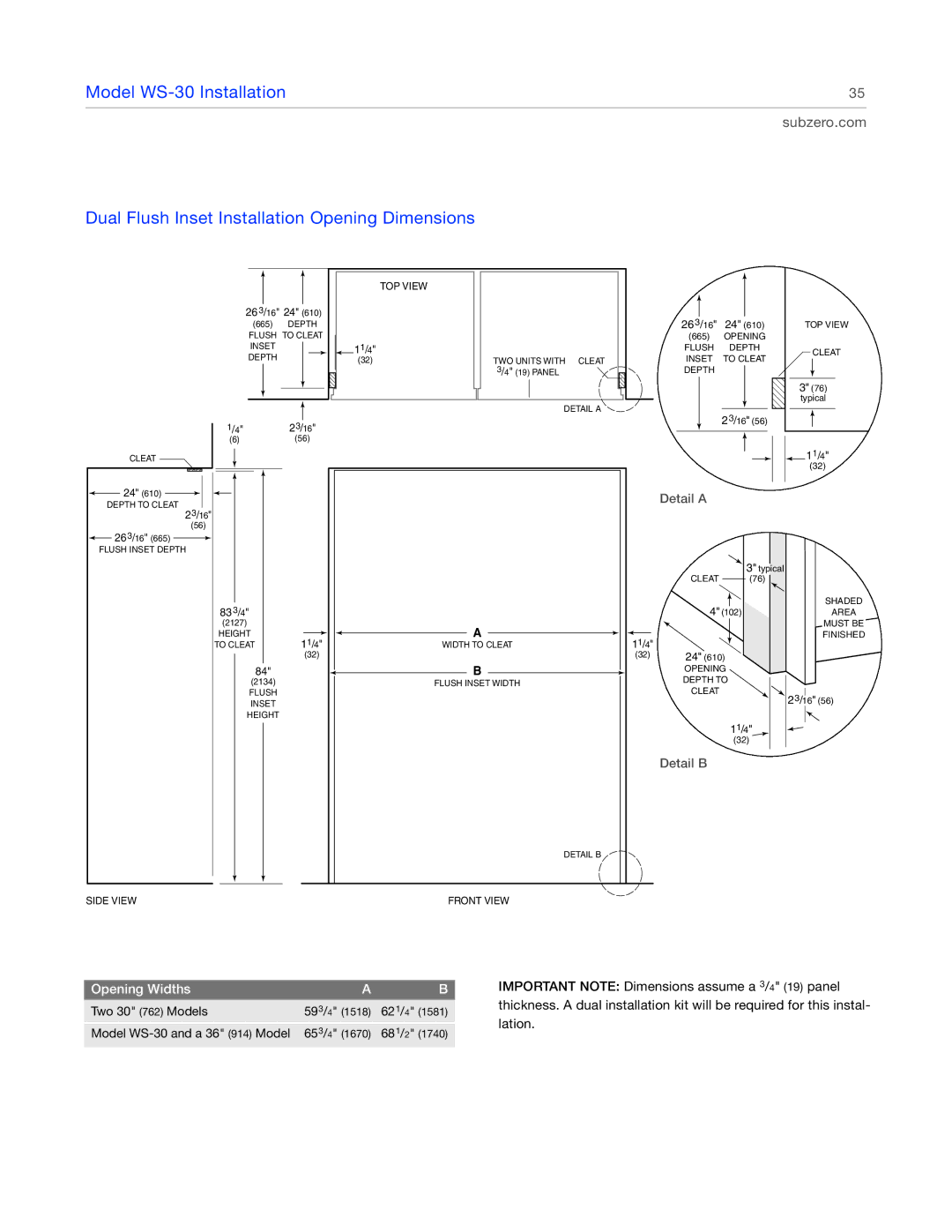 Sub-Zero 424G, 427RG, 427G, 424FSG manual Dual Flush Inset Installation Opening Dimensions, 263/16 