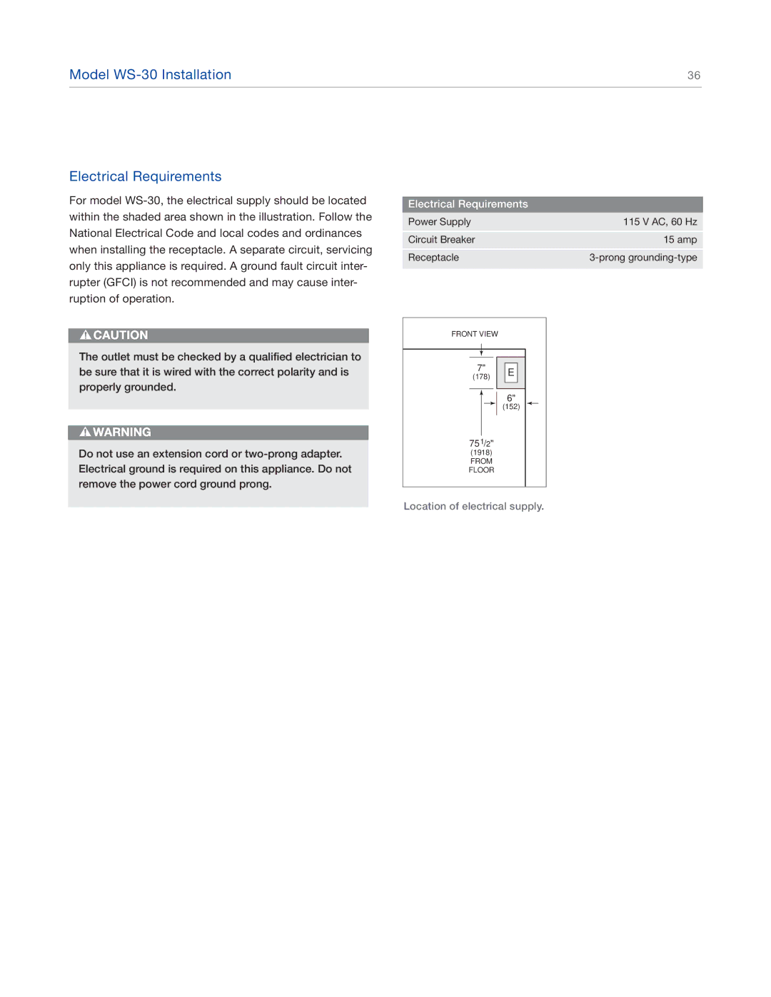 Sub-Zero 427RG, 427G, 424FSG, 424G manual Model WS-30 Installation Electrical Requirements 