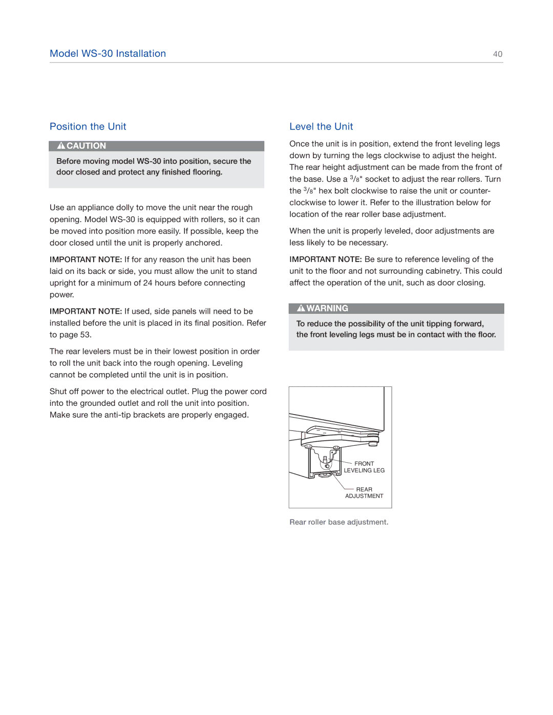 Sub-Zero 427RG, 427G, 424FSG, 424G manual Model WS-30 Installation Position the Unit, Level the Unit 