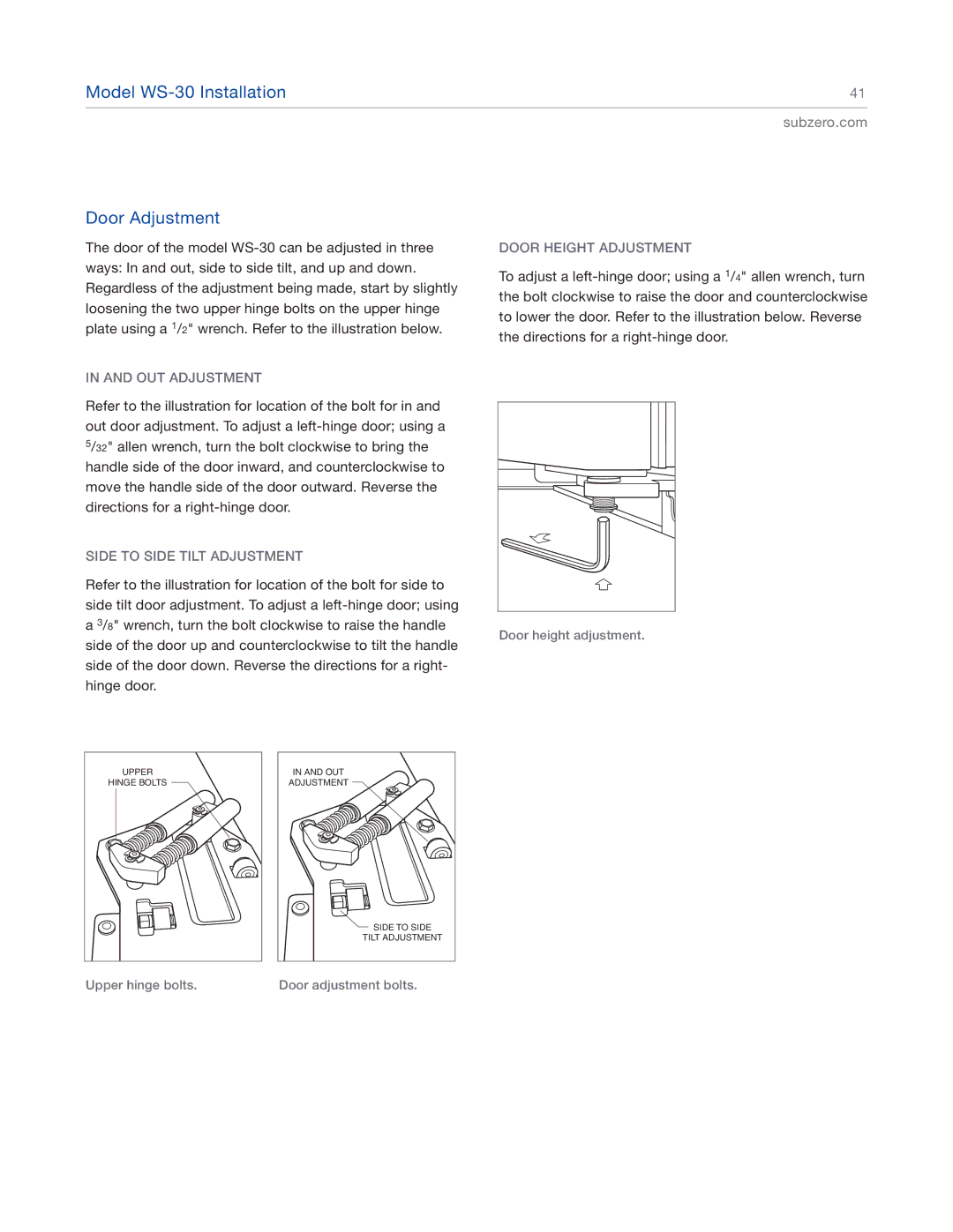 Sub-Zero 427G, 427RG, 424FSG, 424G Model WS-30 Installation Door Adjustment, OUT Adjustment, Side to Side Tilt Adjustment 