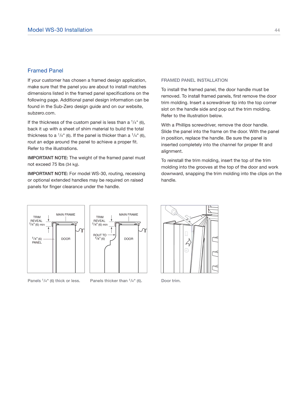 Sub-Zero 427RG, 427G, 424FSG, 424G manual Model WS-30 Installation Framed Panel, Framed Panel Installation 