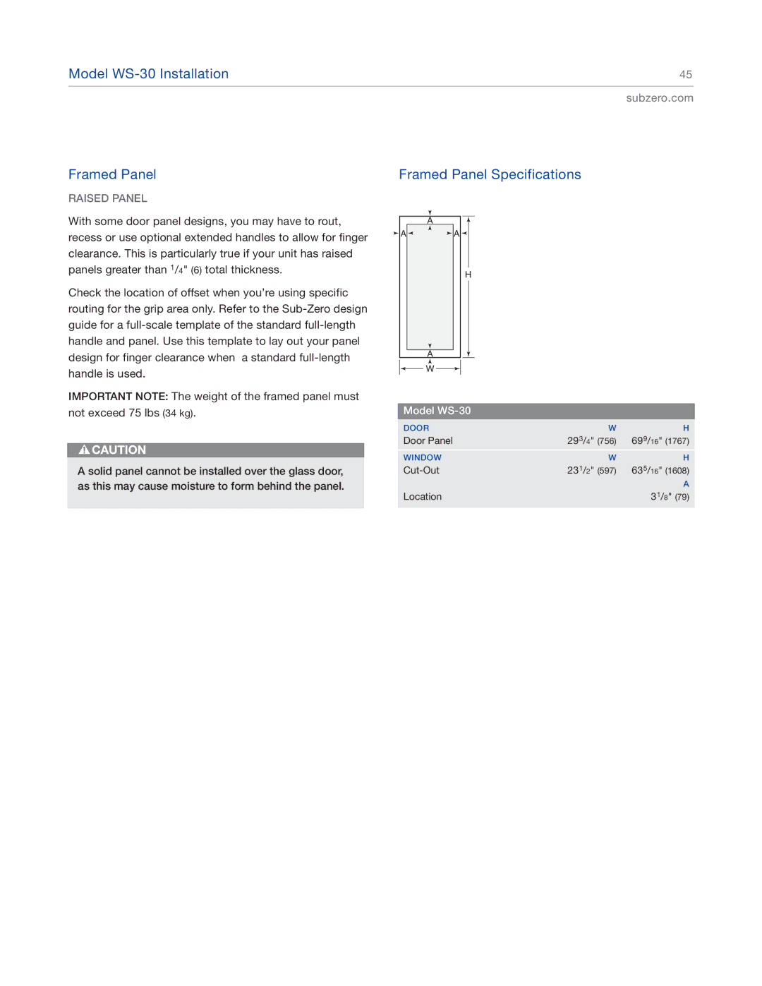 Sub-Zero 427G, 427RG, 424FSG, 424G manual Framed Panel Specifications, Raised Panel 