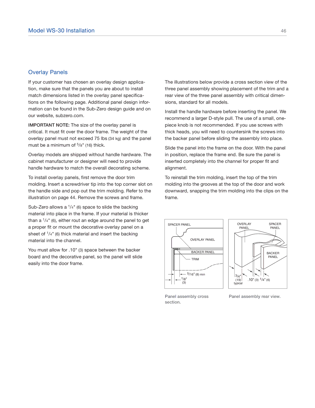 Sub-Zero 424FSG, 427RG, 427G, 424G manual Model WS-30 Installation Overlay Panels 