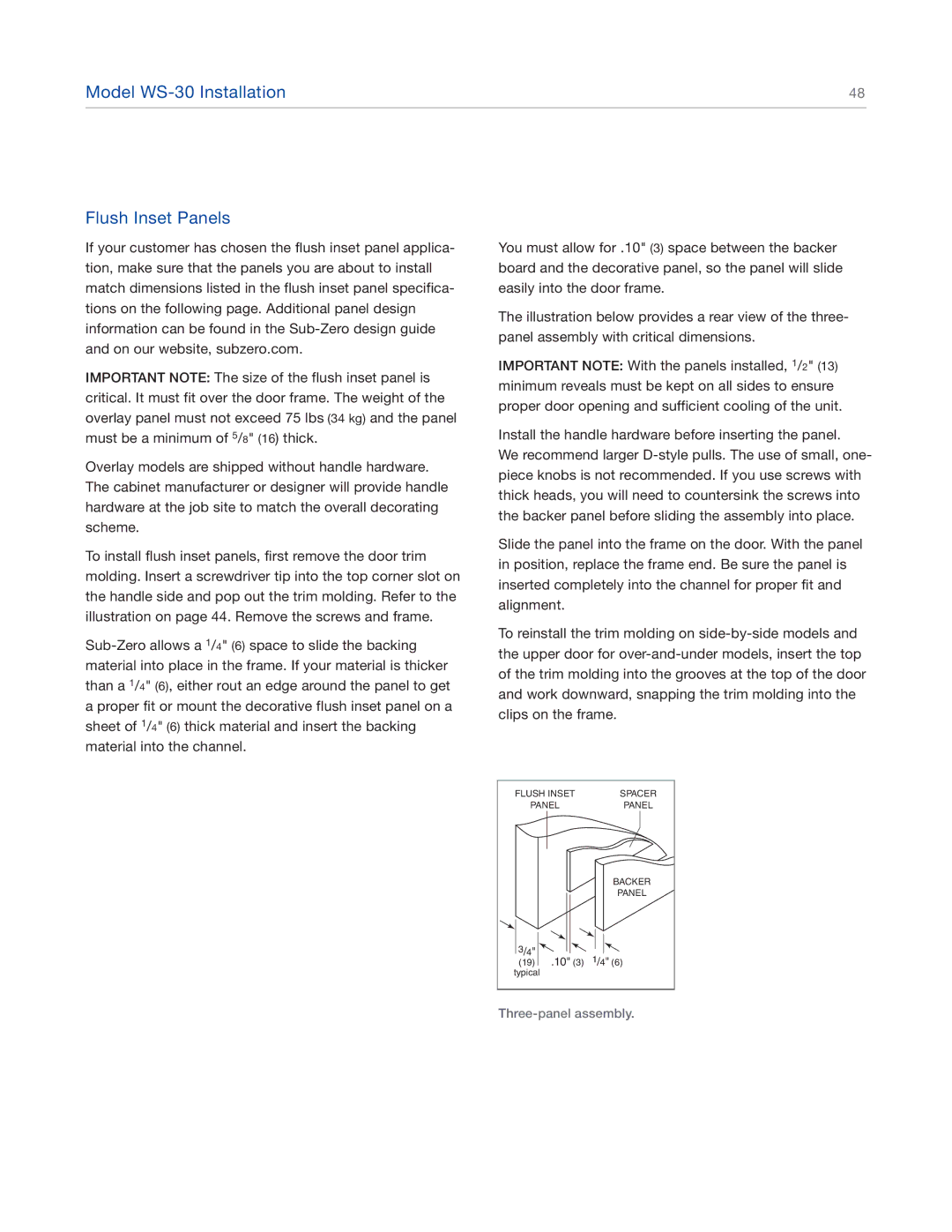 Sub-Zero 427RG, 427G, 424FSG, 424G manual Model WS-30 Installation Flush Inset Panels 