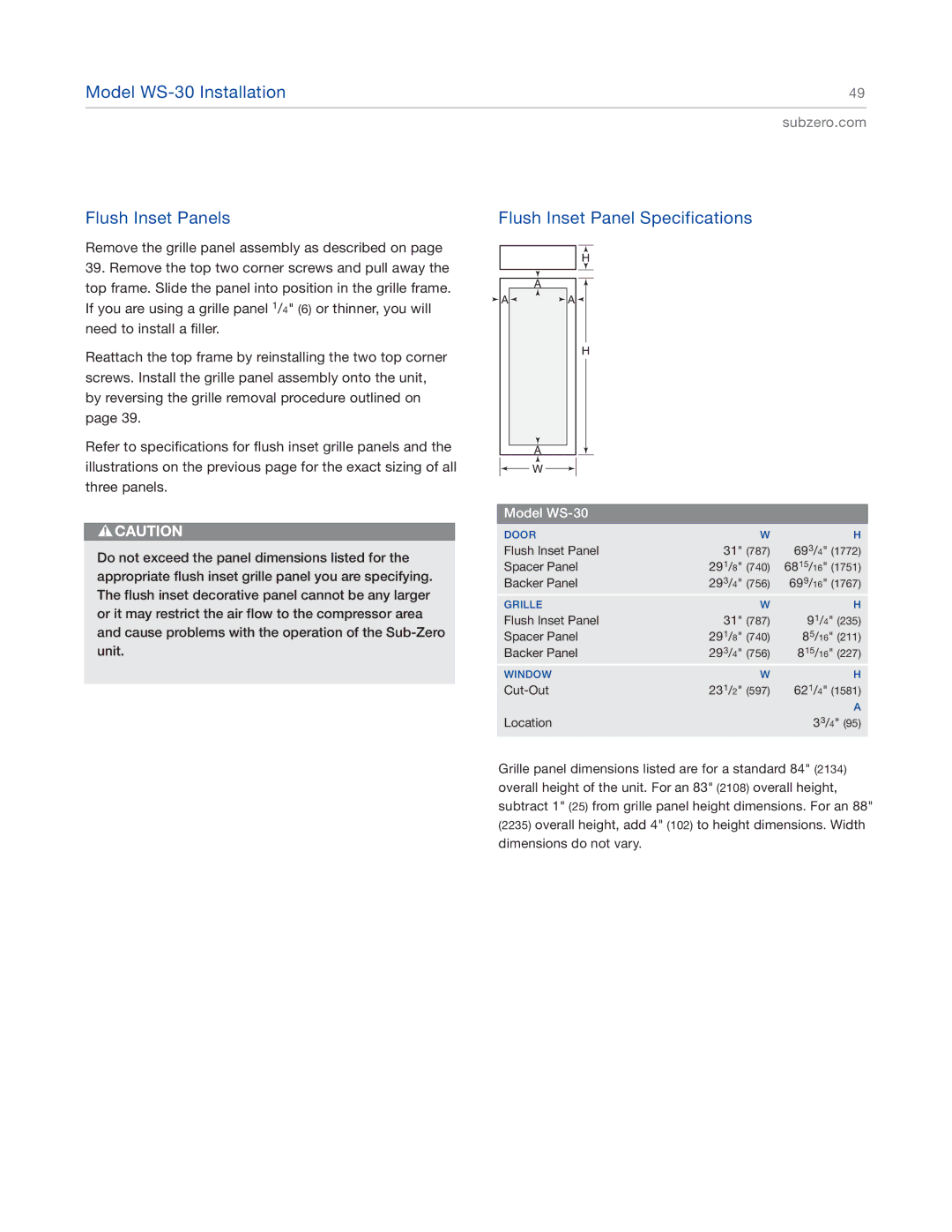 Sub-Zero 427G, 427RG, 424FSG, 424G manual Flush Inset Panel Specifications 