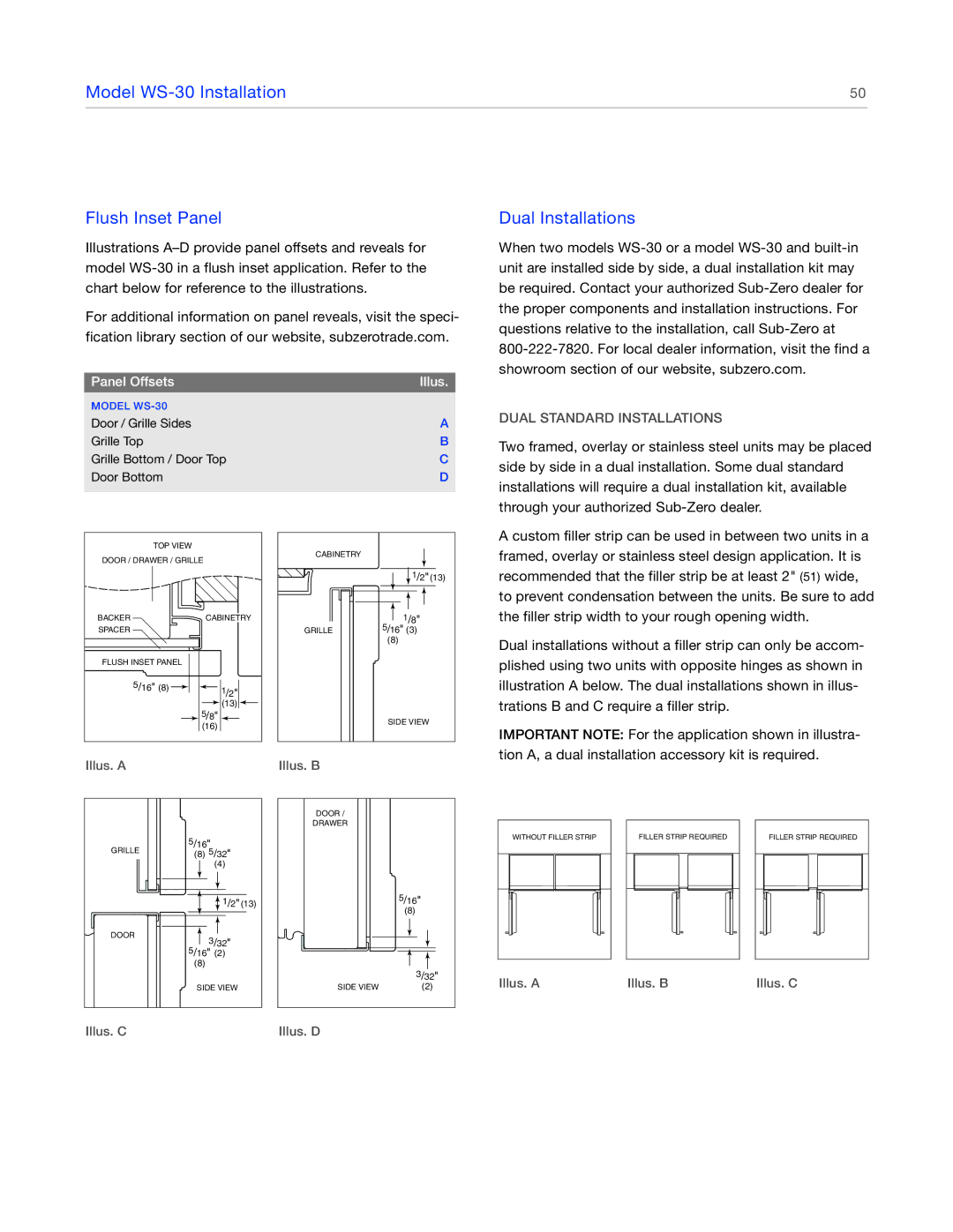 Sub-Zero 424FSG, 427RG, 427G Model WS-30 Installation Flush Inset Panel, Dual Installations, Dual Standard Installations 