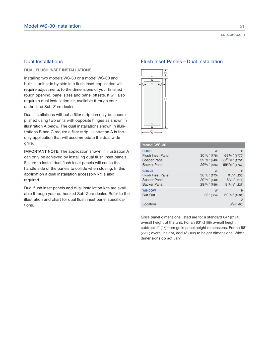 Sub-Zero 424G, 427RG, 427G, 424FSG manual Flush Inset Panels-Dual Installation, Dual Flush Inset Installations 