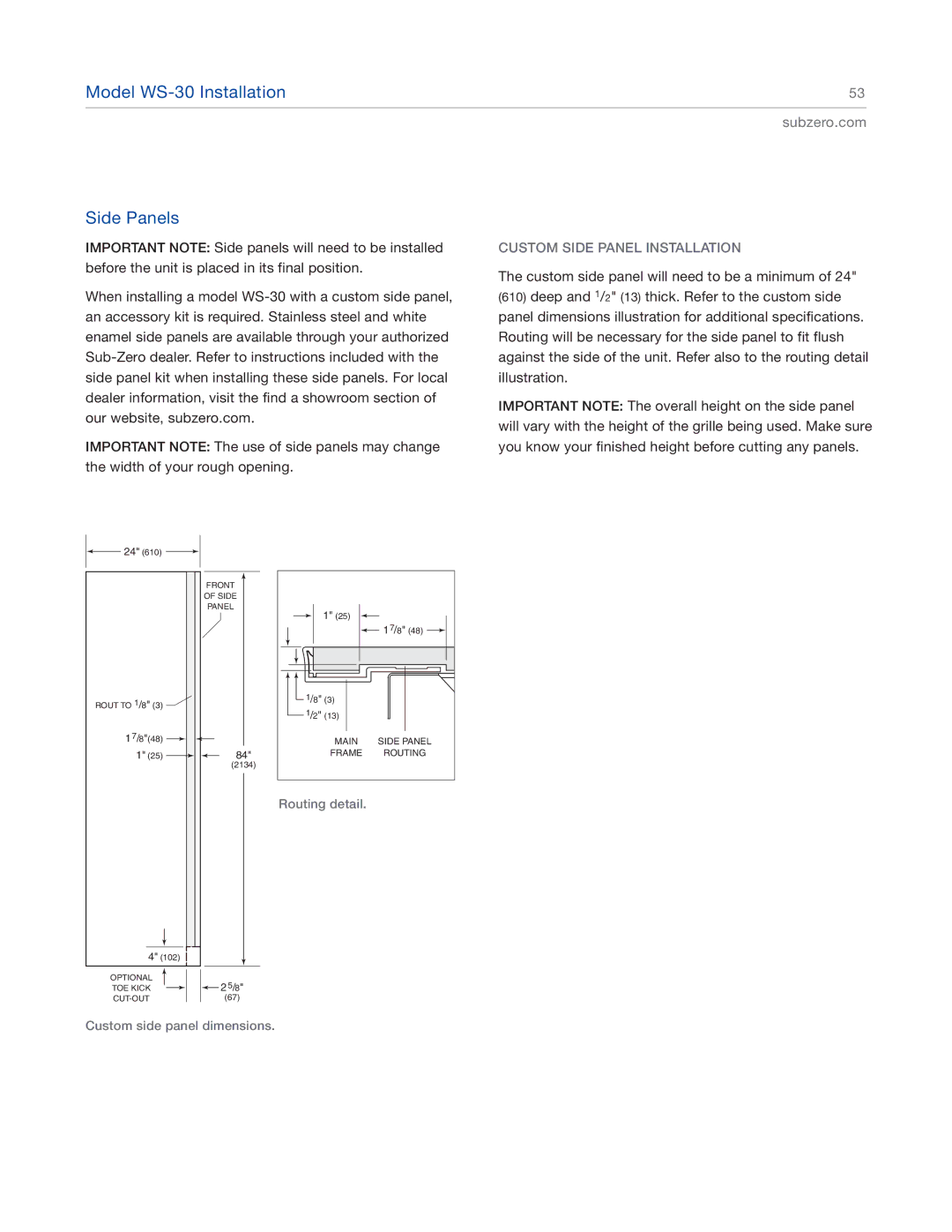 Sub-Zero 427G, 427RG, 424FSG, 424G manual Model WS-30 Installation Side Panels, Custom Side Panel Installation 