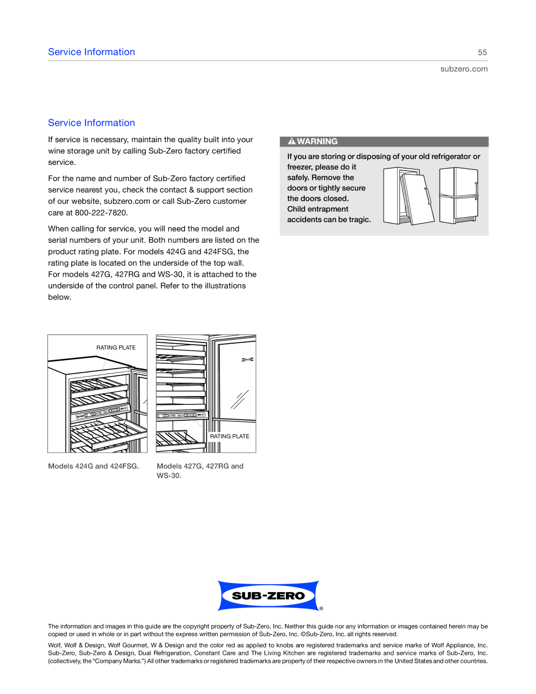 Sub-Zero 424G, 427RG, 427G, 424FSG manual Service Information 