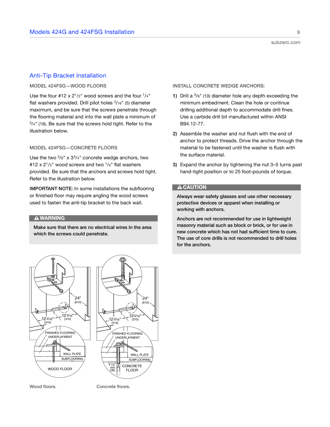 Sub-Zero 427G, 427RG, 424G manual Model 424FSG-WOOD Floors, Model 424FSG-CONCRETE Floors, Install Concrete Wedge Anchors 