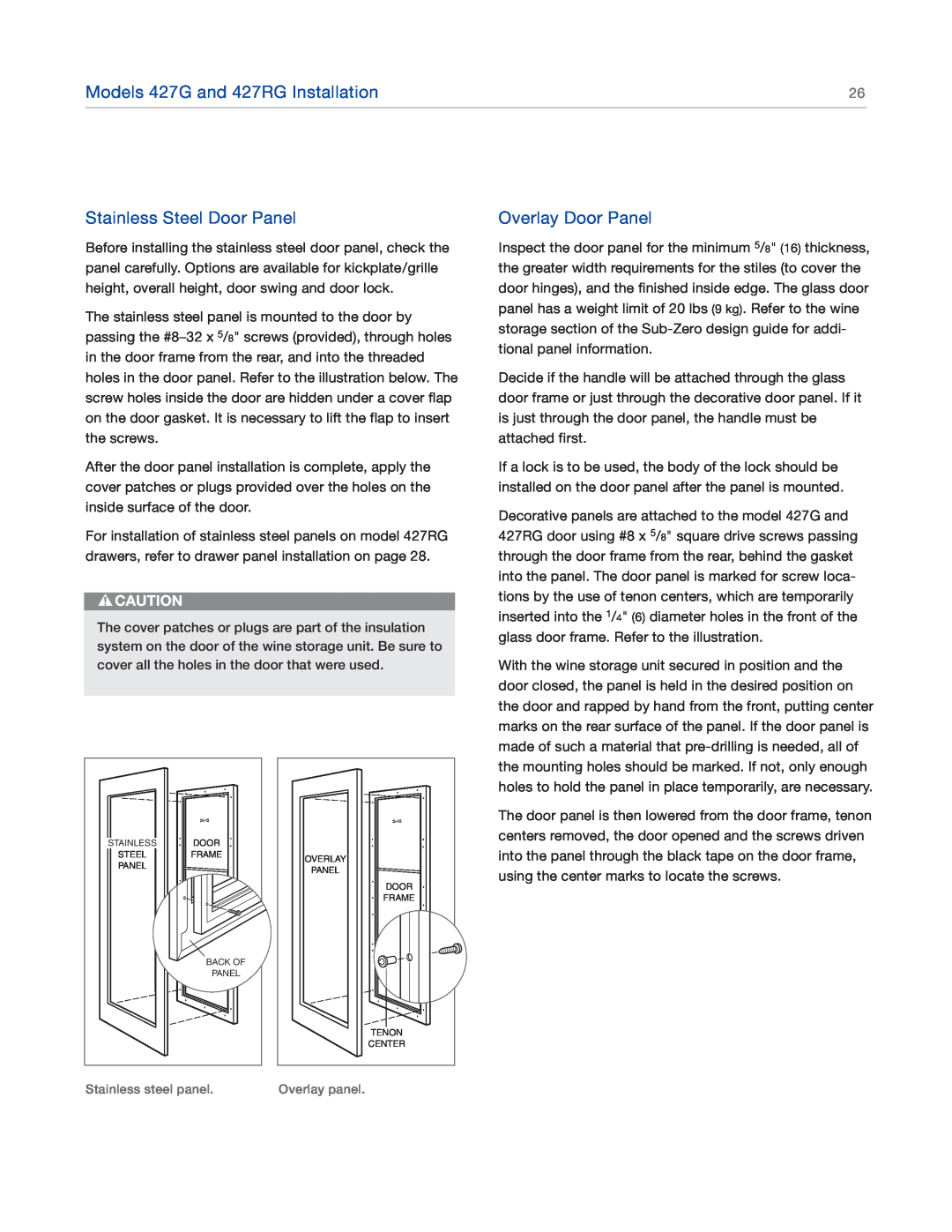 Sub-Zero 424FSG, 424G manual Stainless Steel Door Panel, Models 427G and 427RG Installation, Overlay Door Panel 