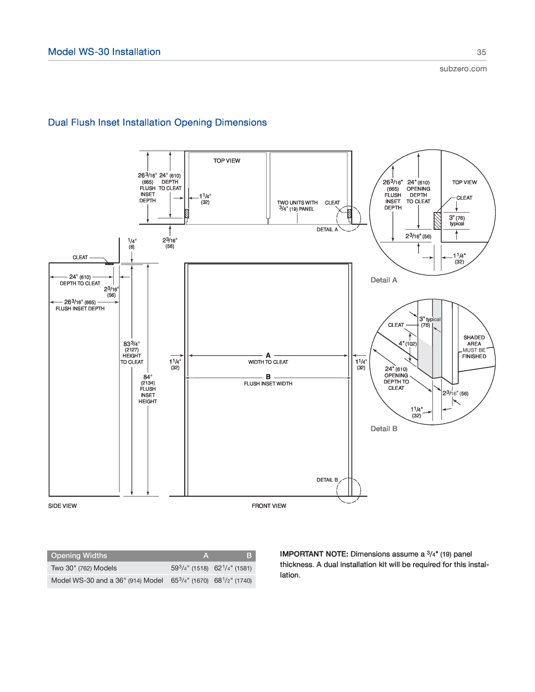 Sub-Zero 424G Dual Flush Inset Installation Opening Dimensions, Model WS-30 Installation, subzero.com, Detail A, Detail B 