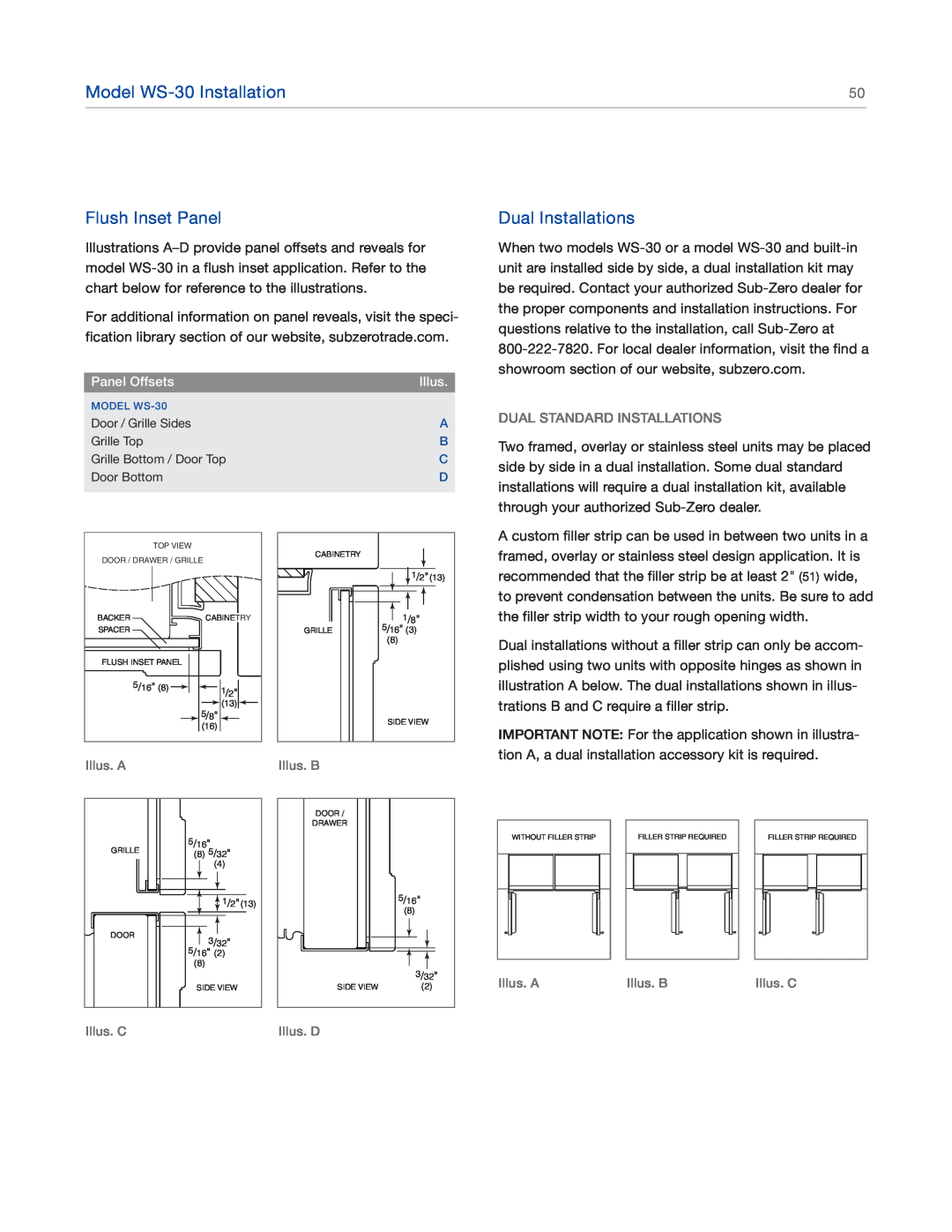 Sub-Zero 424FSG Flush Inset Panel, Dual Installations, Dual Standard Installations, Model WS-30 Installation, Grille Top 