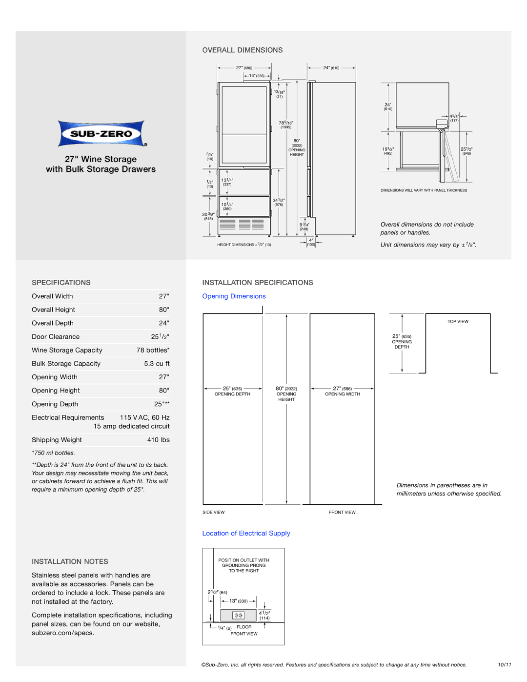 Sub-Zero 427RG manual Overall Dimensions, Installation Specifications, Installation Notes 