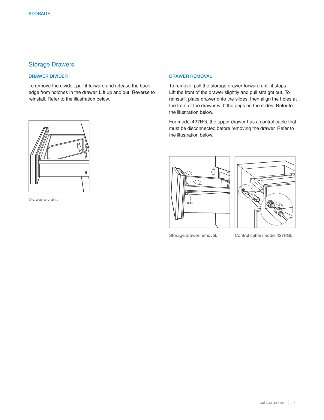 Sub-Zero 427RGLH manual Storage Drawers 