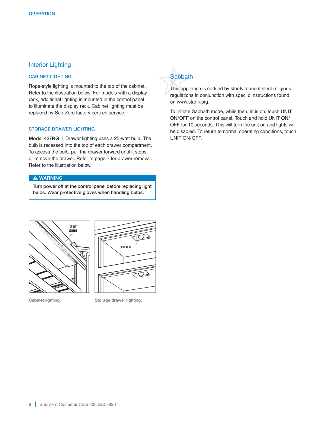 Sub-Zero 427RGLH manual Interior Lighting, Sabbath 