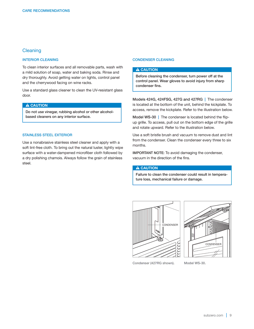 Sub-Zero 427RGLH manual Cleaning 