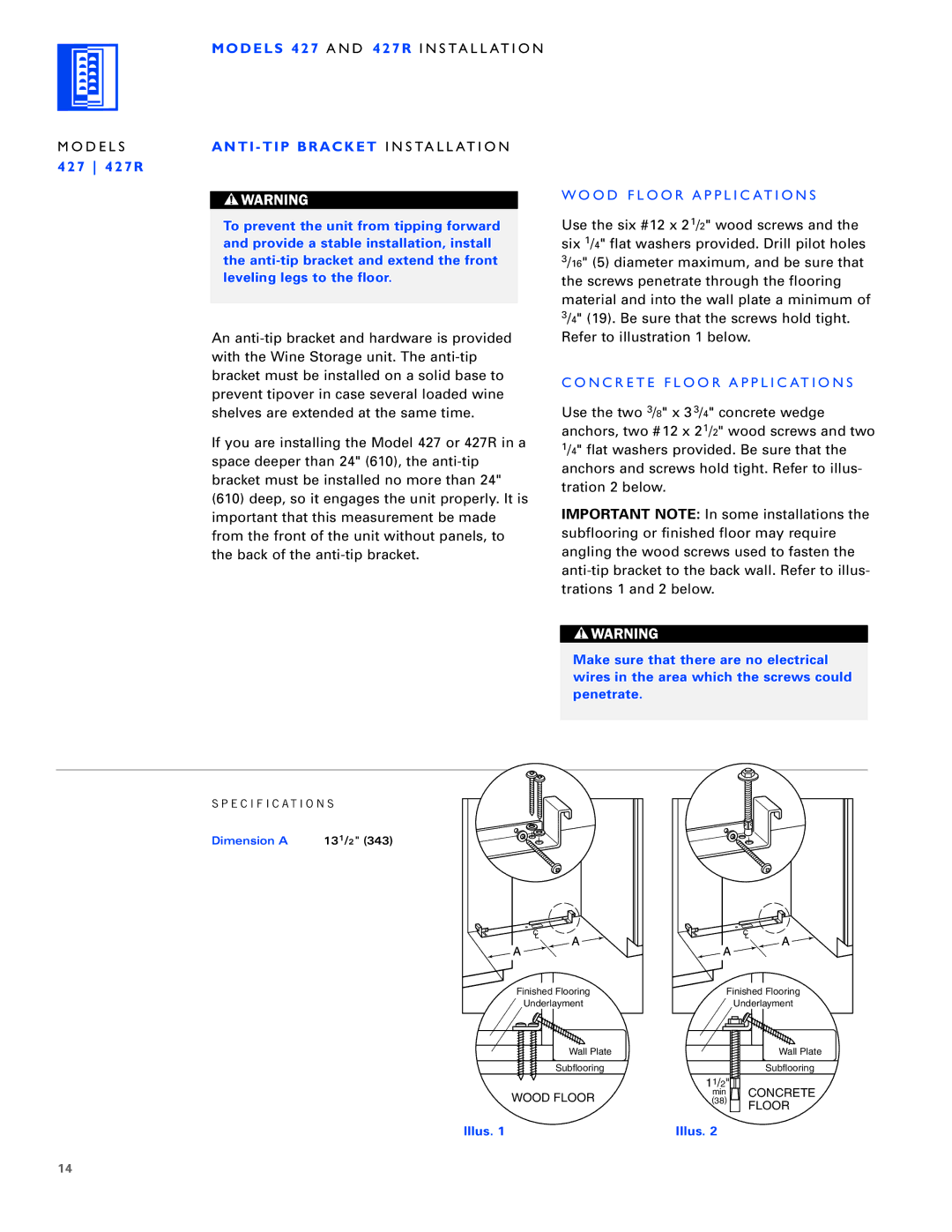 Sub-Zero 430/F, 430/O, 424/O installation instructions Dimension a 