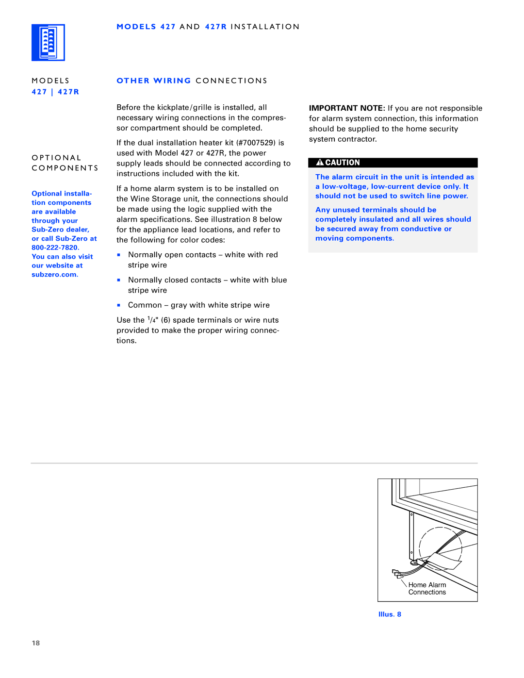 Sub-Zero 430/F, 430/O, 424/O installation instructions D E L S, Ot H E R W I R I N G C O N N E C T I O N S 