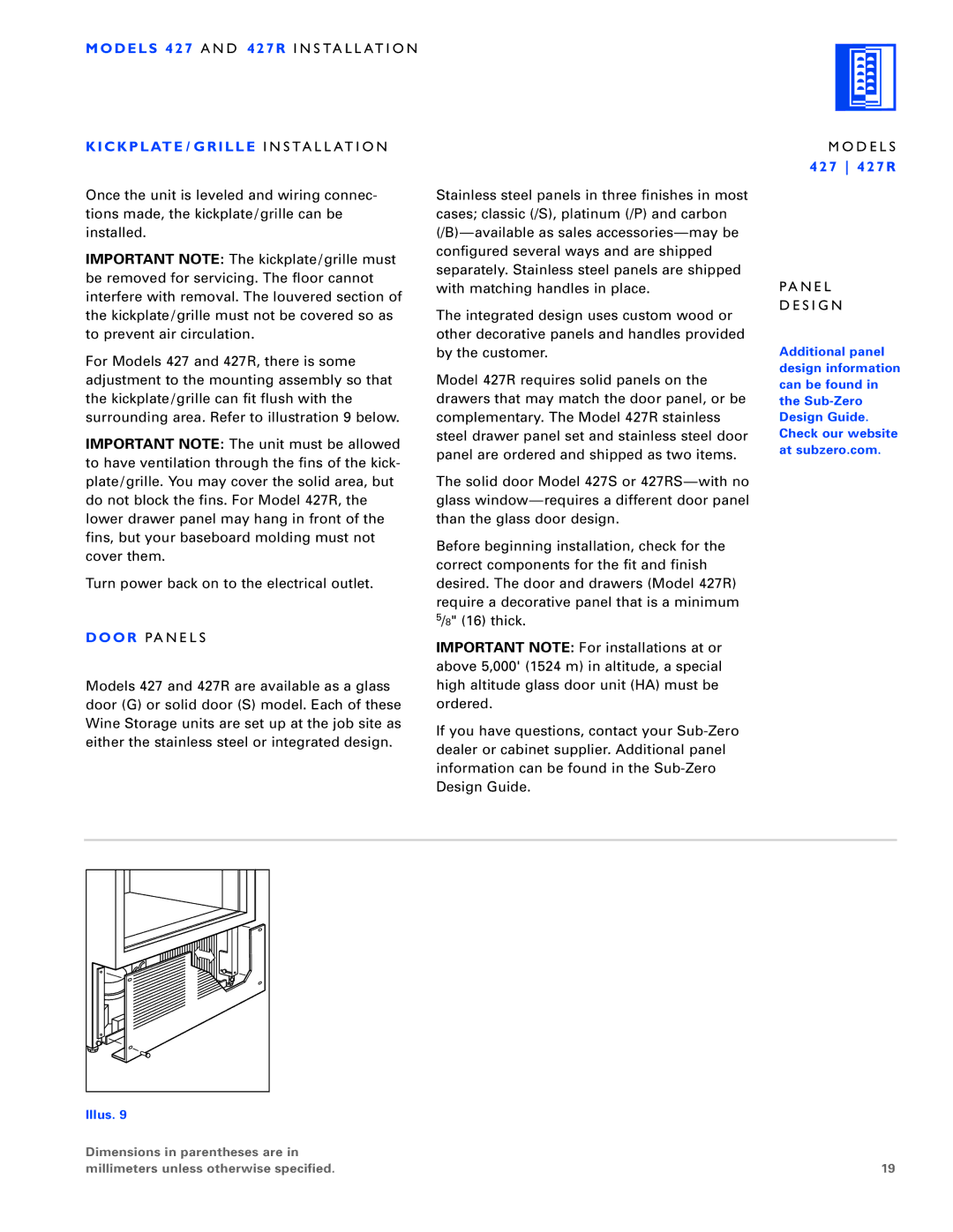 Sub-Zero 430/O, 424/O, 430/F installation instructions Door P a N E L S, Pa N E L S I G N 