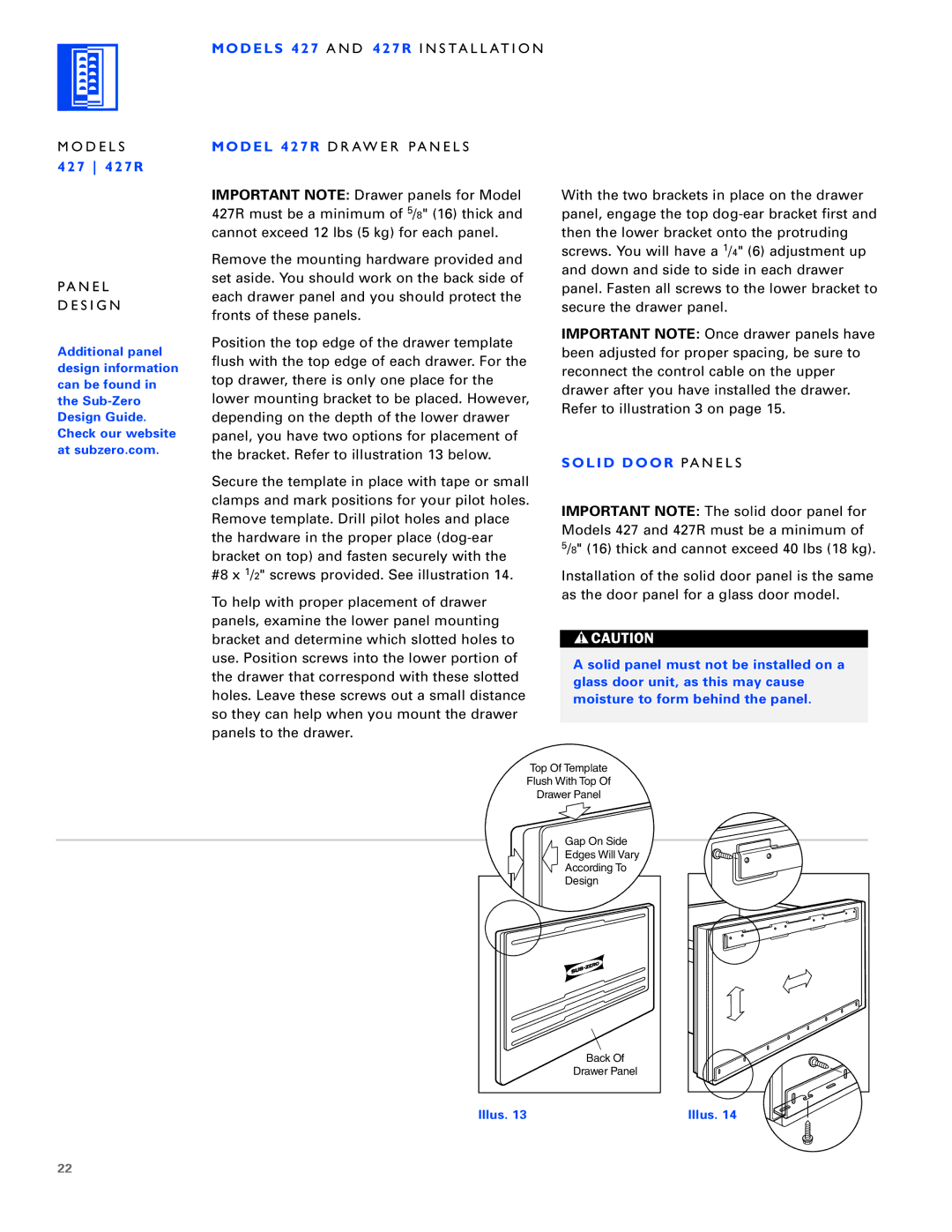 Sub-Zero 430/F, 430/O, 424/O installation instructions Solid Door PA N E L S 