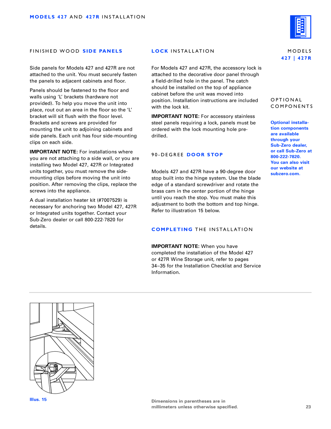 Sub-Zero 430/O, 424/O, 430/F installation instructions E G R E E Door Stop, Completing T H E I N S TA L L AT I O N 