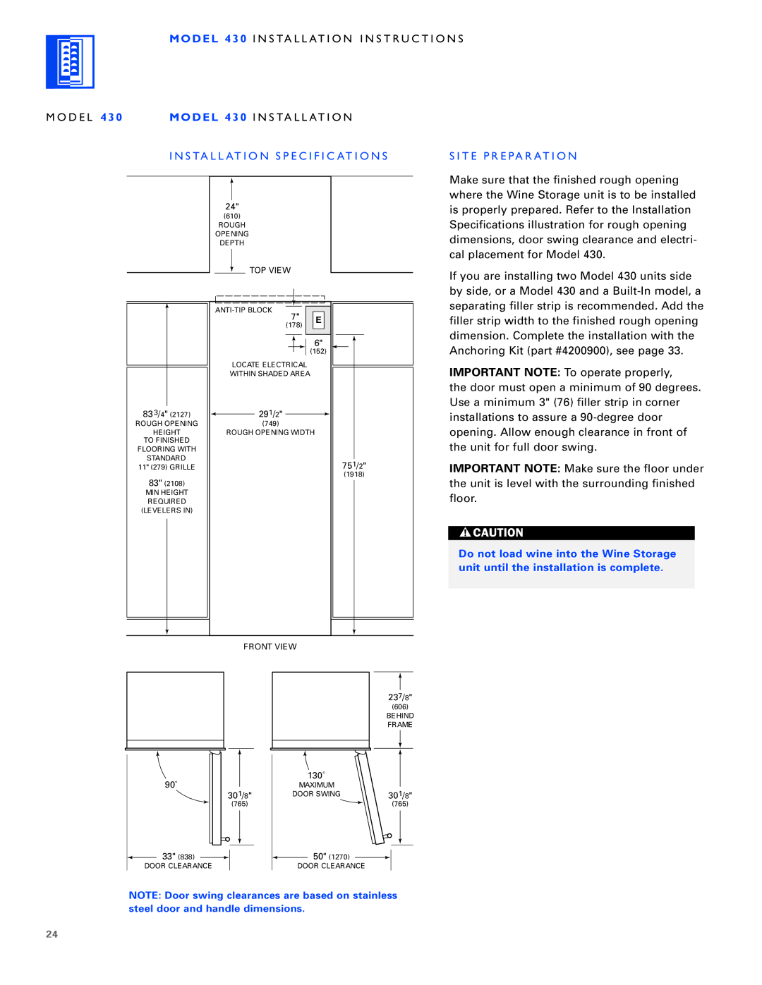 Sub-Zero 430/O, 424/O, 430/F installation instructions Model 430 I N S TA L L AT I O N 