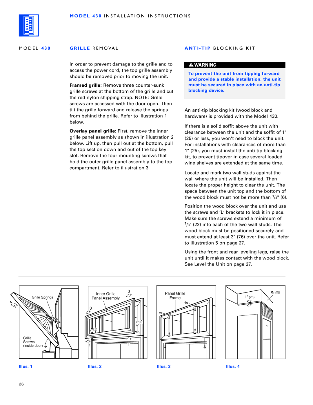 Sub-Zero 430/F, 430/O, 424/O installation instructions Grille R E M O VA L, Anti TIP B L O C K I N G K I T 