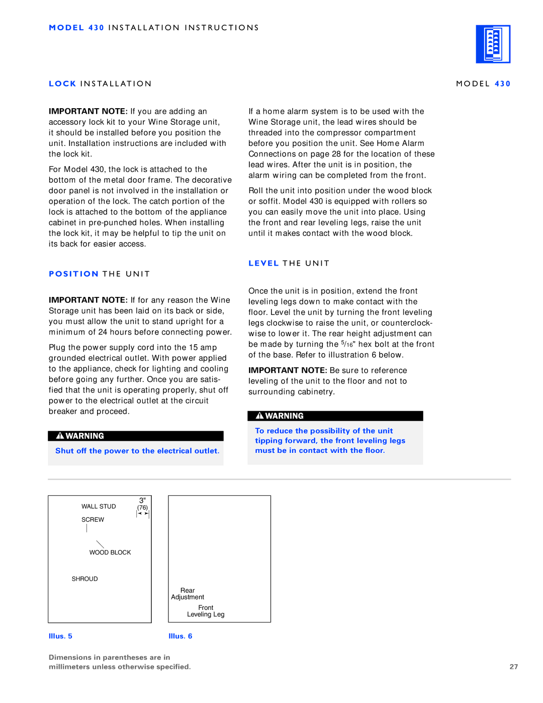 Sub-Zero 430/O, 424/O, 430/F installation instructions Lock I N S TA L L AT I O N, Level T H E U N I T 