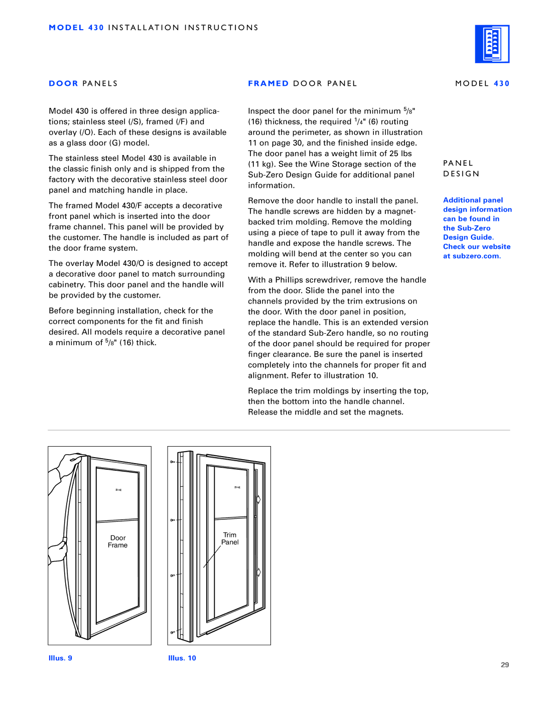 Sub-Zero 424/O, 430/O, 430/F installation instructions Framed D O O R PA N E L, Pa N E L S I G N 