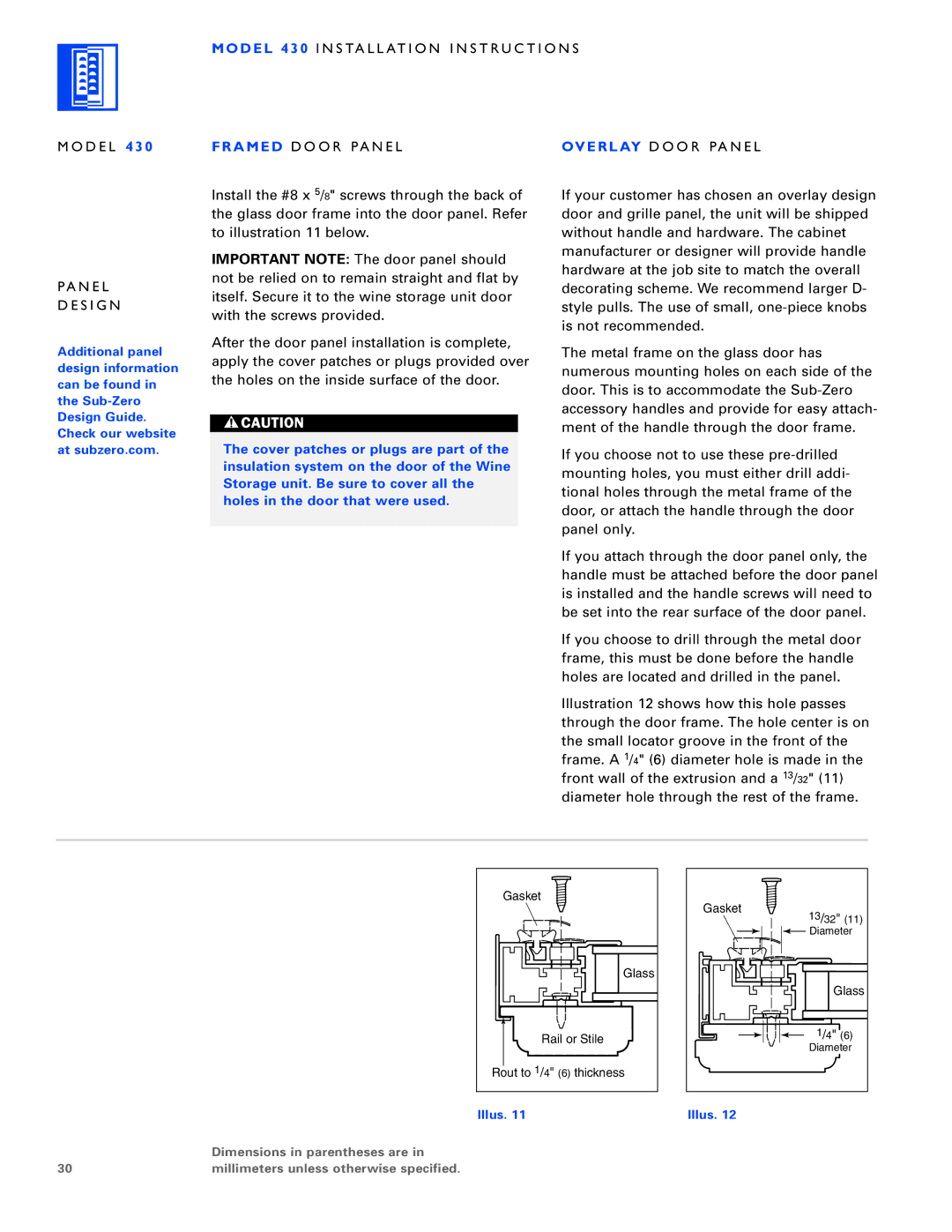 Sub-Zero 430/F, 430/O, 424/O installation instructions Framed D O O R PA N E L Overlay D O O R PA N E L 