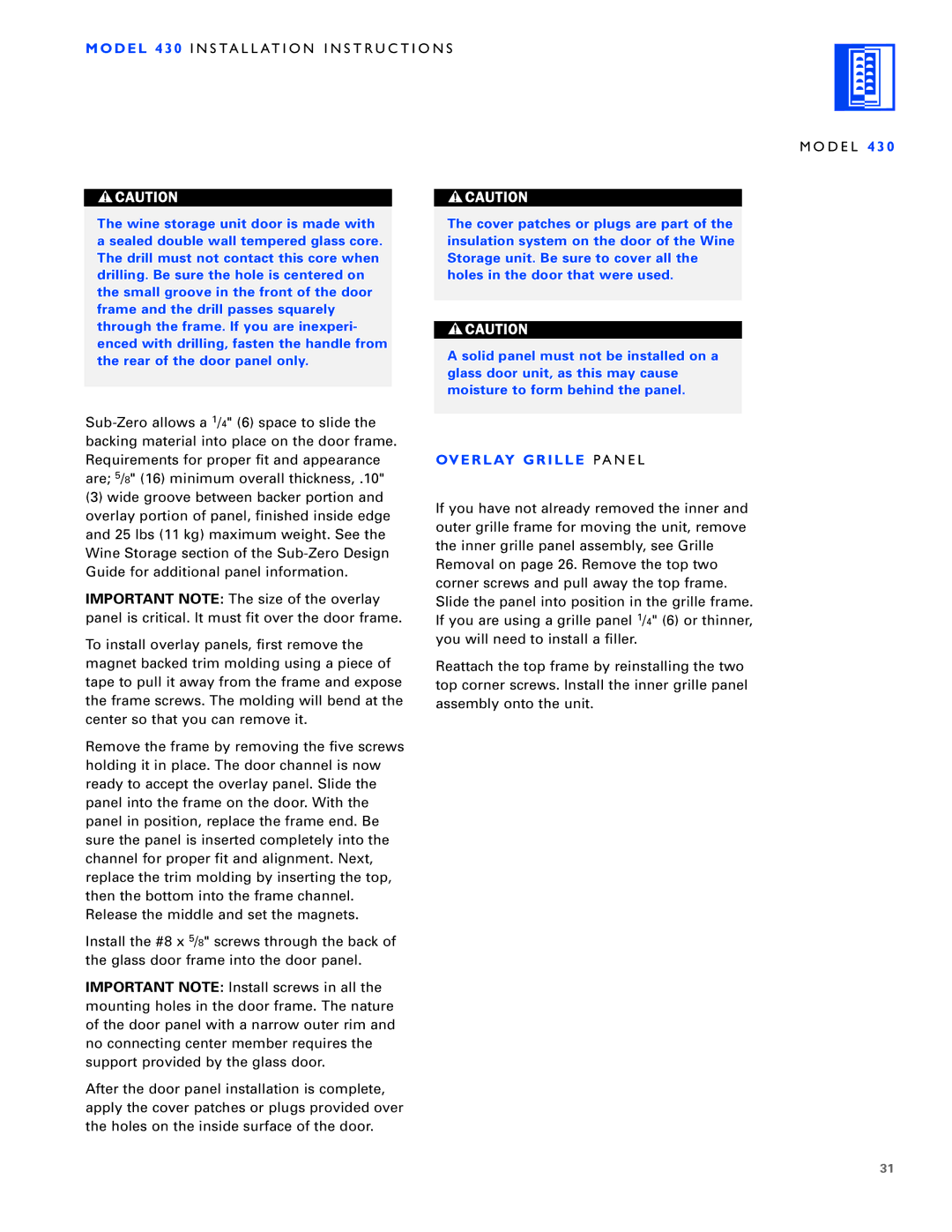 Sub-Zero 430/O, 424/O, 430/F installation instructions Overlay Grille PA N E L 