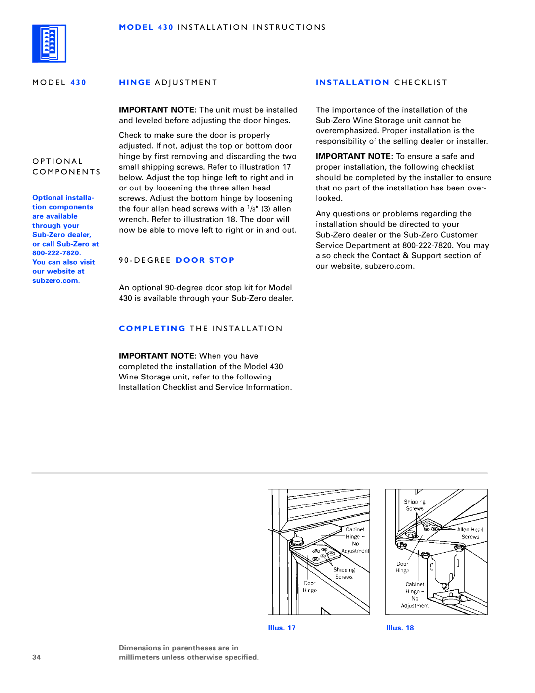 Sub-Zero 430/F, 430/O, 424/O installation instructions Hinge a D J U S T M E N T, E G R E E Door Stop 