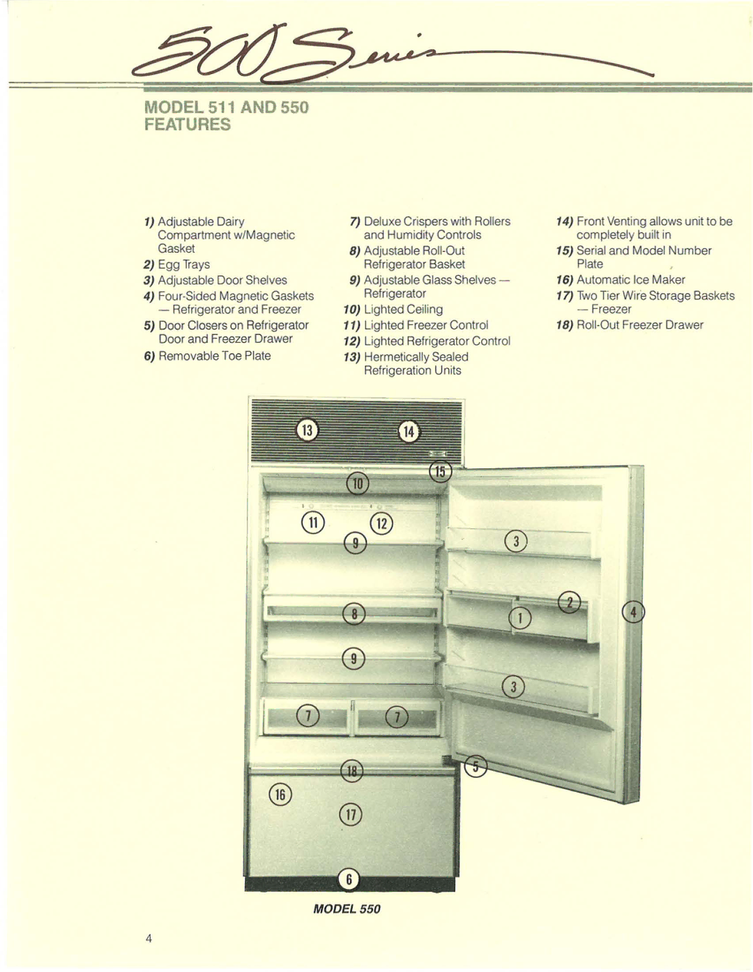 Sub-Zero 500 manual Model 511 and 550 Features 