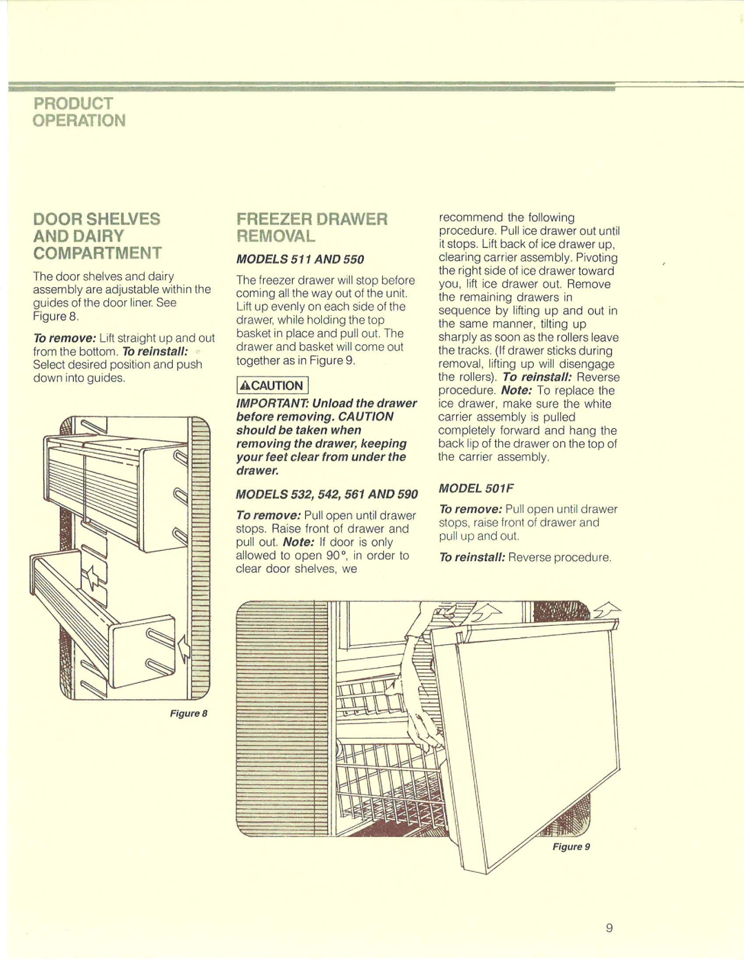 Sub-Zero 500 manual Product Operation Door Shelves Dairy Compartment, Freezer Drawer Removal, Model 501F 