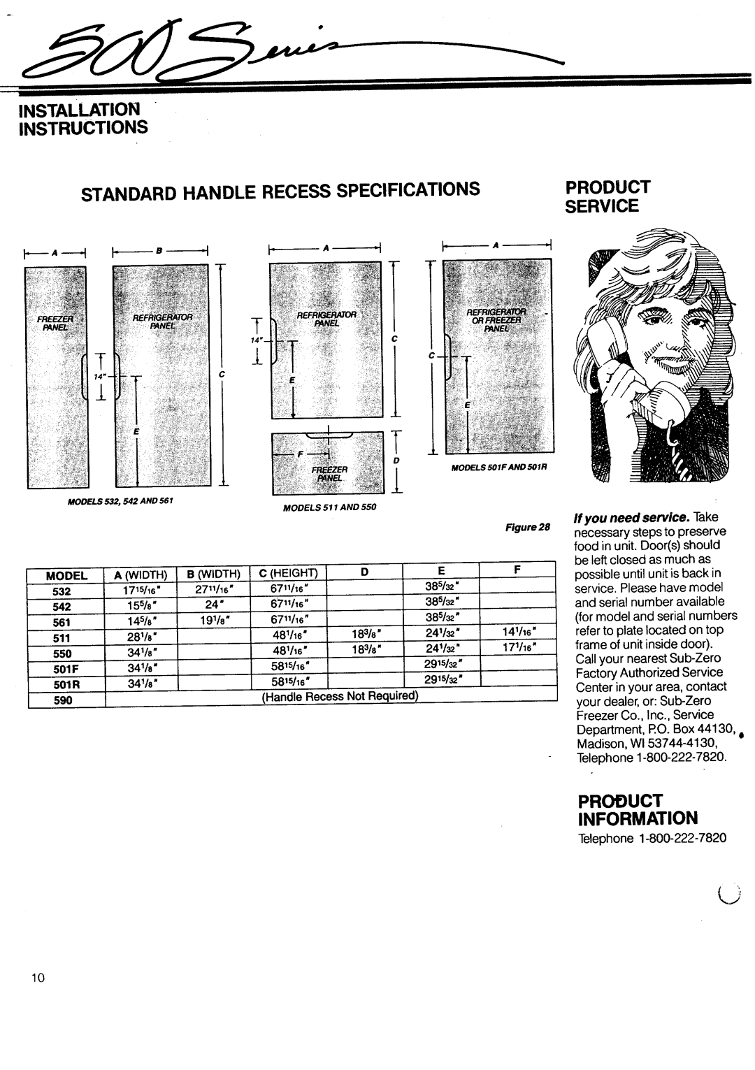 Sub-Zero 542 manual Standard Handle Recess Specifications, Service, Product Information 